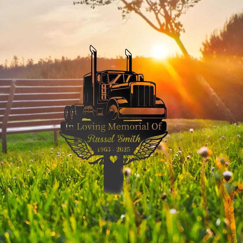 Personalized Trucker Memorial Stake: Angel Wings Grave Marker Sympathy Gift for Loss of Loved One - Custom Outdoor Plaque with Photo, Name & Dates - Remembrance Garden & Grave Marker
