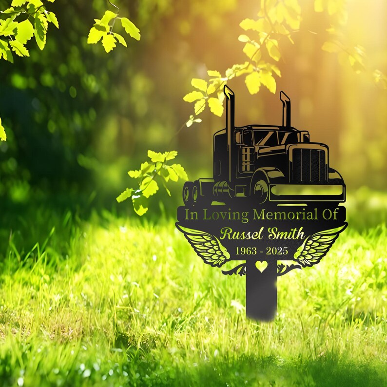 Personalized Trucker Memorial Stake: Angel Wings Grave Marker Sympathy Gift for Loss of Loved One - Custom Outdoor Plaque with Photo, Name & Dates - Remembrance Garden & Grave Marker