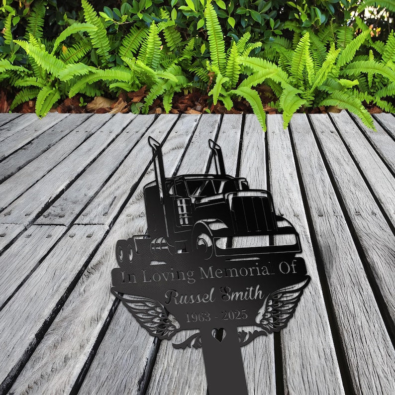 Personalized Trucker Memorial Stake: Angel Wings Grave Marker Sympathy Gift for Loss of Loved One - Custom Outdoor Plaque with Photo, Name & Dates - Remembrance Garden & Grave Marker