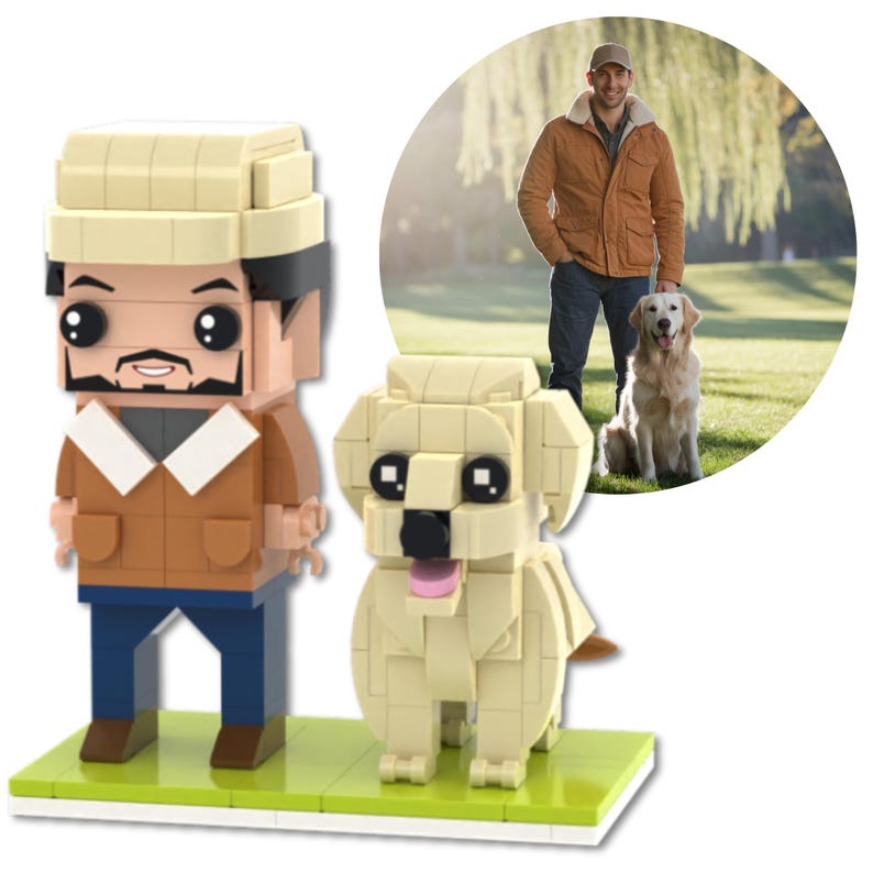 Full Body Custom Brick Figures with Dog Personalized Mini Figure Gift, Cute Custom Block Toy for Pet Lovers, Single Person with Dog Dad Gift