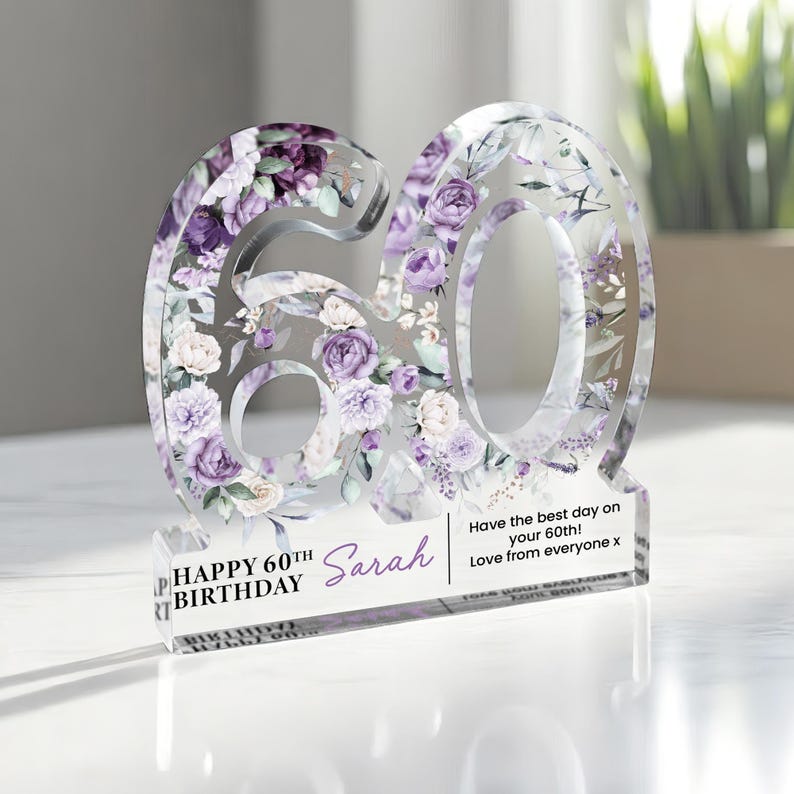 Personalised 60th Birthday Gift Plaque, Happy 60th Birthday Gift For Her, 60th Birthday Gifts, Floral 60th Gift, Gift for Her