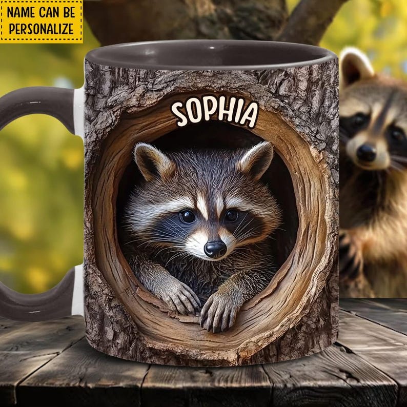 Adorable Raccoon Personalized Accent Mug, Animal Lover Mug, Gift for Him, Gift for Her, Raccoon Mug, Custom Wilderness Gifts