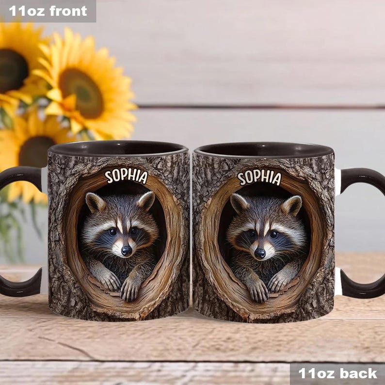 Adorable Raccoon Personalized Accent Mug, Animal Lover Mug, Gift for Him, Gift for Her, Raccoon Mug, Custom Wilderness Gifts