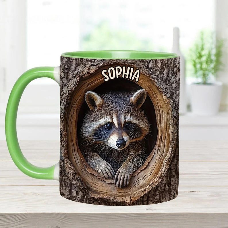Adorable Raccoon Personalized Accent Mug, Animal Lover Mug, Gift for Him, Gift for Her, Raccoon Mug, Custom Wilderness Gifts