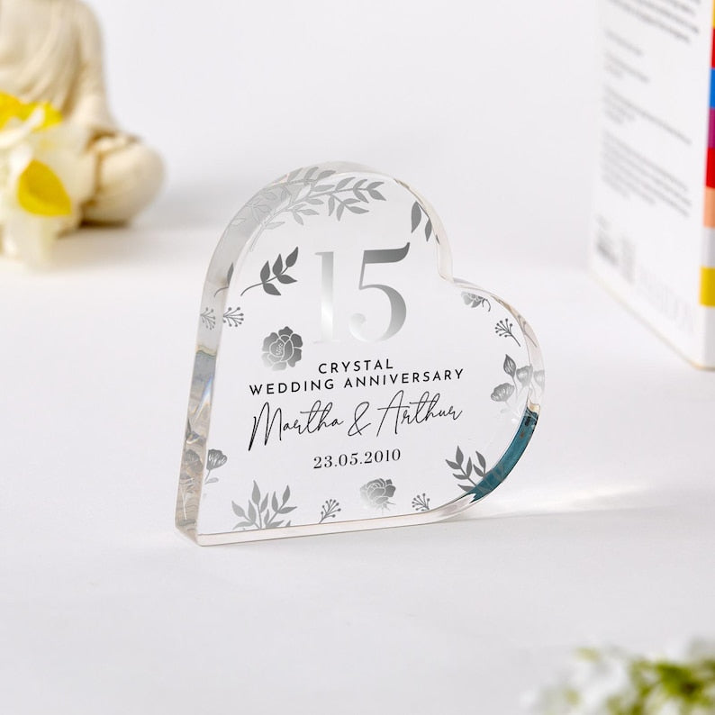 Personalised 15th Wedding Anniversary Gift Crystal Anniversary Heart-Shaped Acrylic Plaque Custom Keepsake with Names Date Elegant Floral