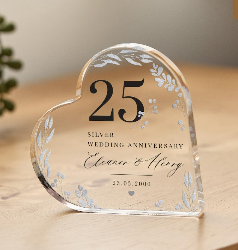 Personalised 25th Wedding Anniversary Gift Silver Anniversary Present Heart-Shaped Acrylic Plaque Custom Keepsake with Names Date Mum Dad