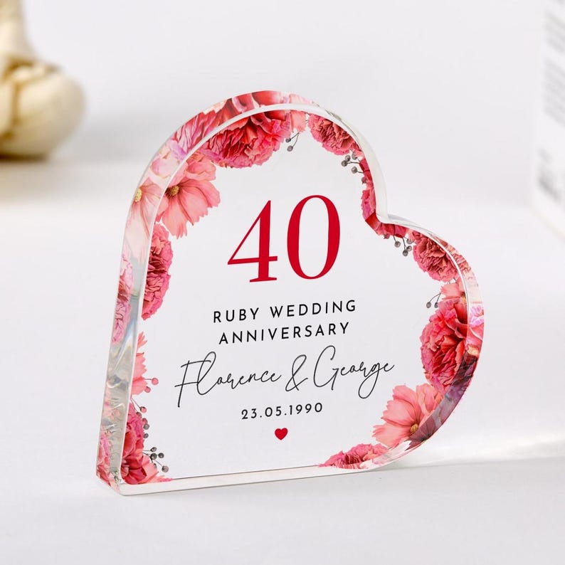 Personalised 40th Wedding Anniversary Gift Ruby Anniversary Heart-Shaped Acrylic Plaque Custom Keepsake with Names & Date Romantic Mum Dad