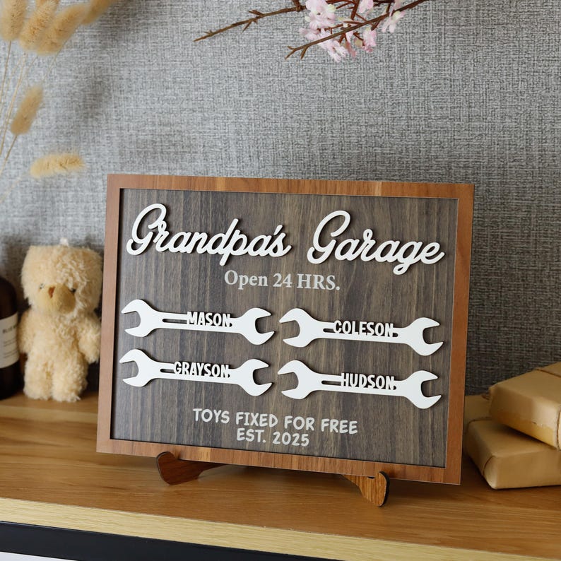 Grandpa's Garage Wood Sign, Fathers Day Wood Sign, Layered Wood Sign for Dad Workshop, Grandpa Wood Plaque, Personalized Gift from Kid
