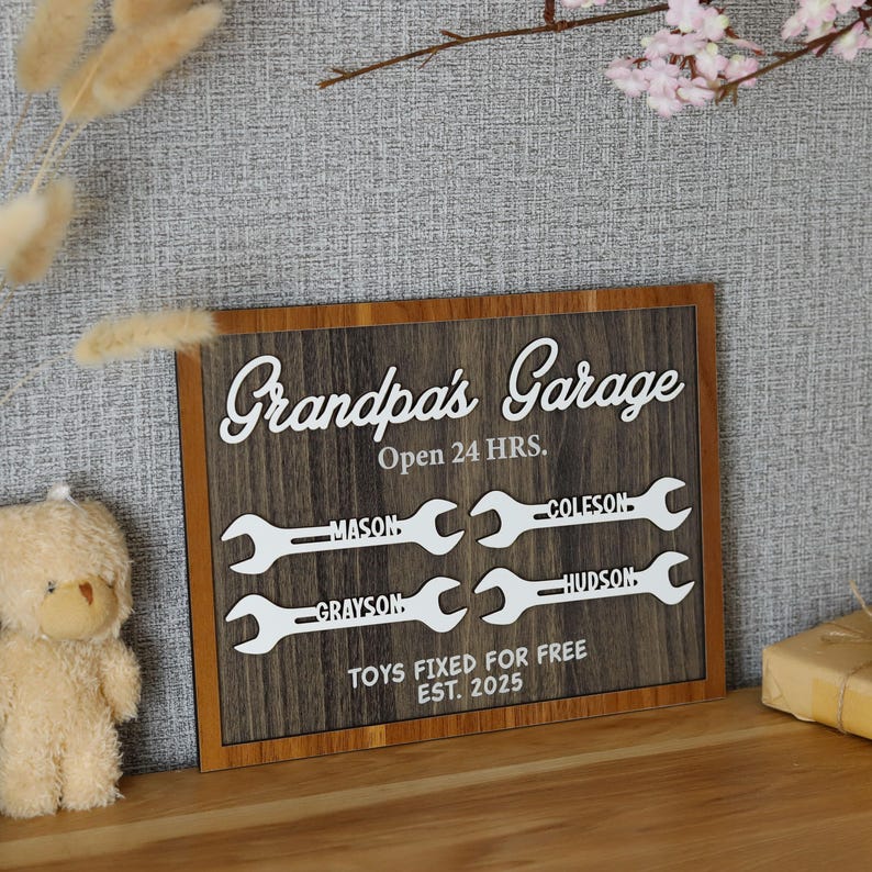 Grandpa's Garage Wood Sign, Fathers Day Wood Sign, Layered Wood Sign for Dad Workshop, Grandpa Wood Plaque, Personalized Gift from Kid
