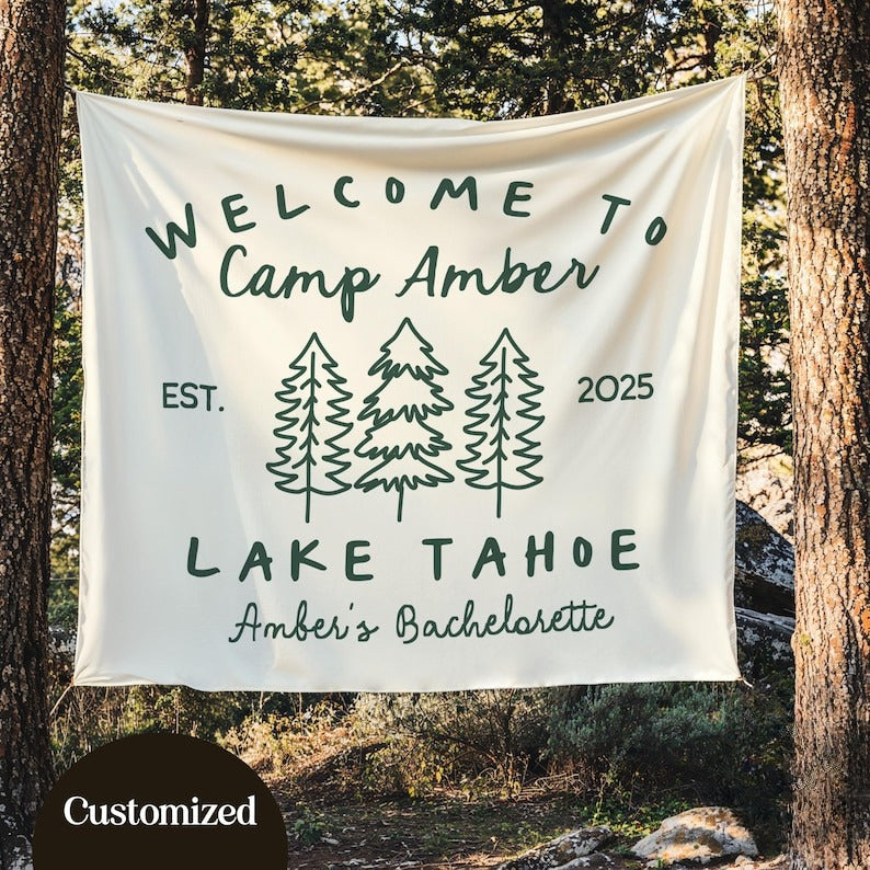 Custom Camping Bachelorette Trip Banner, Camp Bach Party Tapestry, Lake Tahoe Bridal Party Decor, Lake Outdoor Bachelorette Weekend Backdrop