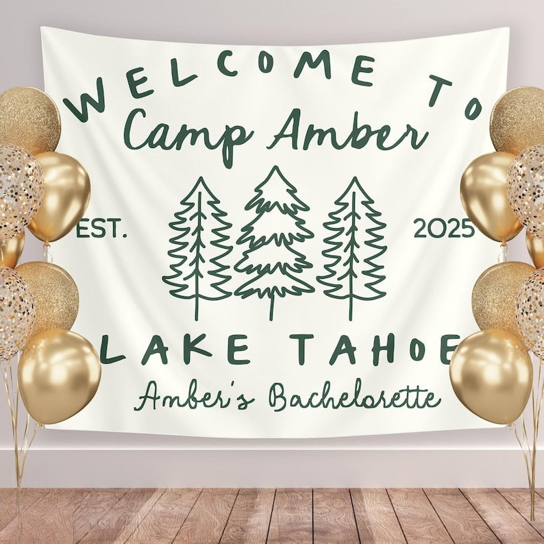 Custom Camping Bachelorette Trip Banner, Camp Bach Party Tapestry, Lake Tahoe Bridal Party Decor, Lake Outdoor Bachelorette Weekend Backdrop