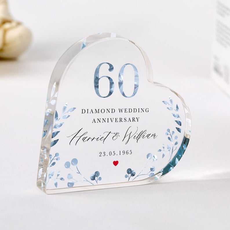 Personalised 60th Wedding Anniversary Gift Diamond Anniversary Heart-Shaped Acrylic Plaque Custom Keepsake Names & Date Elegant Blue Floral