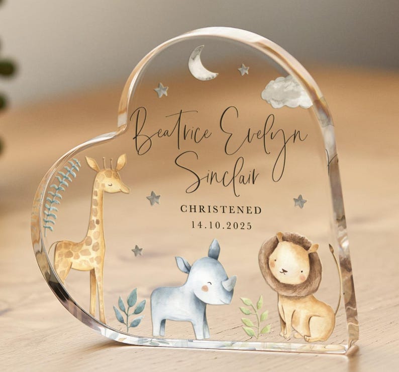 Personalised Christening Gift for Nephew Niece Son Daughter Grandson Granddaughter Acrylic Plaque with Safari Animals Name Date Included