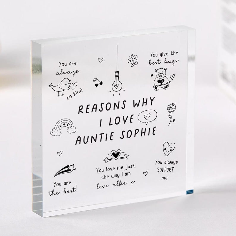 Personalised Auntie Gift Reasons Why I Love You Aunt Birthday Christmas Mother's Day Acrylic Plaque Custom Message from Niece Nephew