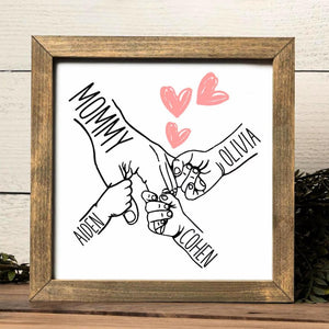Personalized Mom Holding Kids Hands Sign, Mothers Day Gift Personalized Gift for Mom with Kids Names Rustic Framed Wooden Sign for Mom Gifts