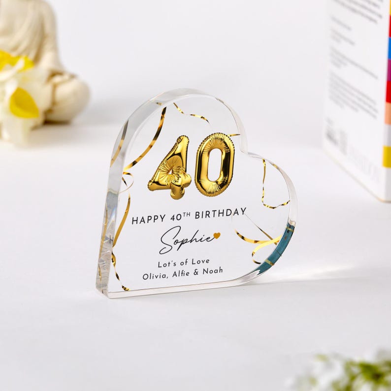 Birthday Gift for Her Personalised Custom Acrylic Plaque Heart Keepsake with Gold Balloon Present for Mum Sister Friend 30th 40th 50th 60th