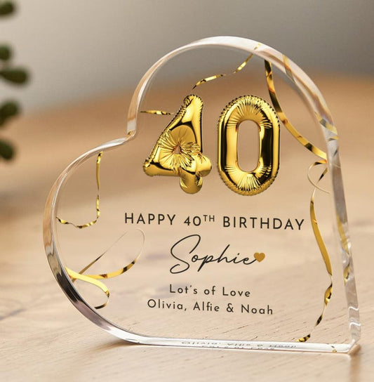 Birthday Gift for Her Personalised Custom Acrylic Plaque Heart Keepsake with Gold Balloon Present for Mum Sister Friend 30th 40th 50th 60th