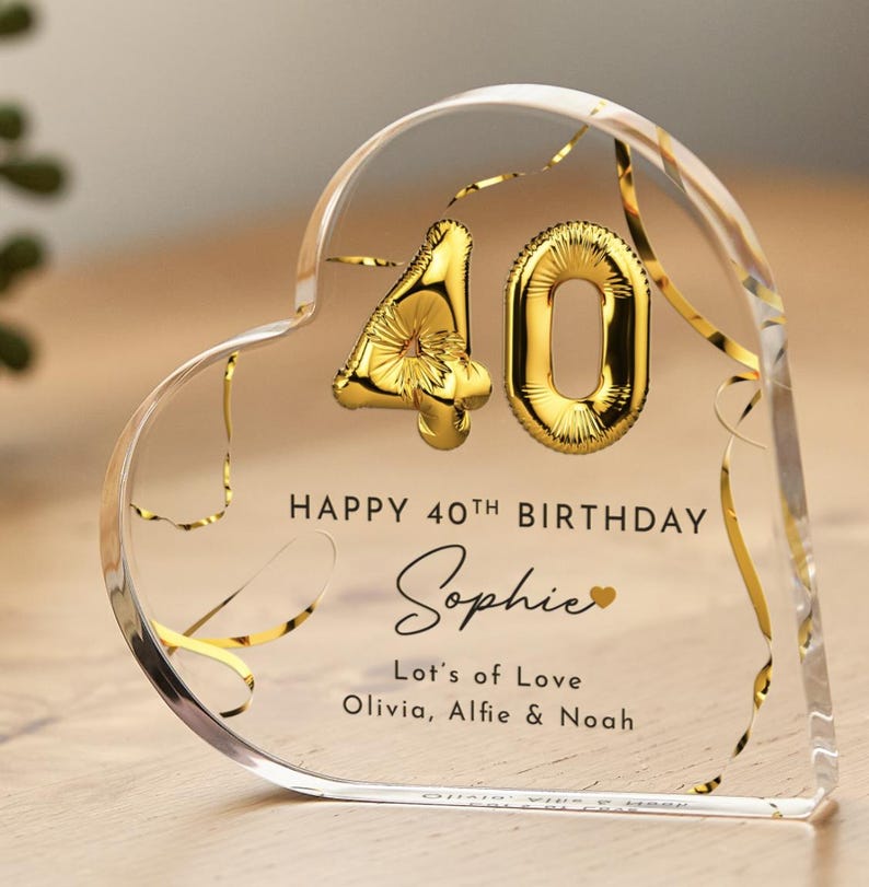 Birthday Gift for Her Personalised Custom Acrylic Plaque Heart Keepsake with Gold Balloon Present for Mum Sister Friend 30th 40th 50th 60th