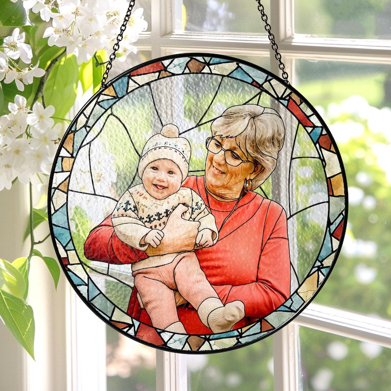 Personalized Grandma Portrait Stained Glass Suncatcher, Photo Glass Art, New Grandma Gift, Mother's Day Gift for Grandma, New Mom Gift