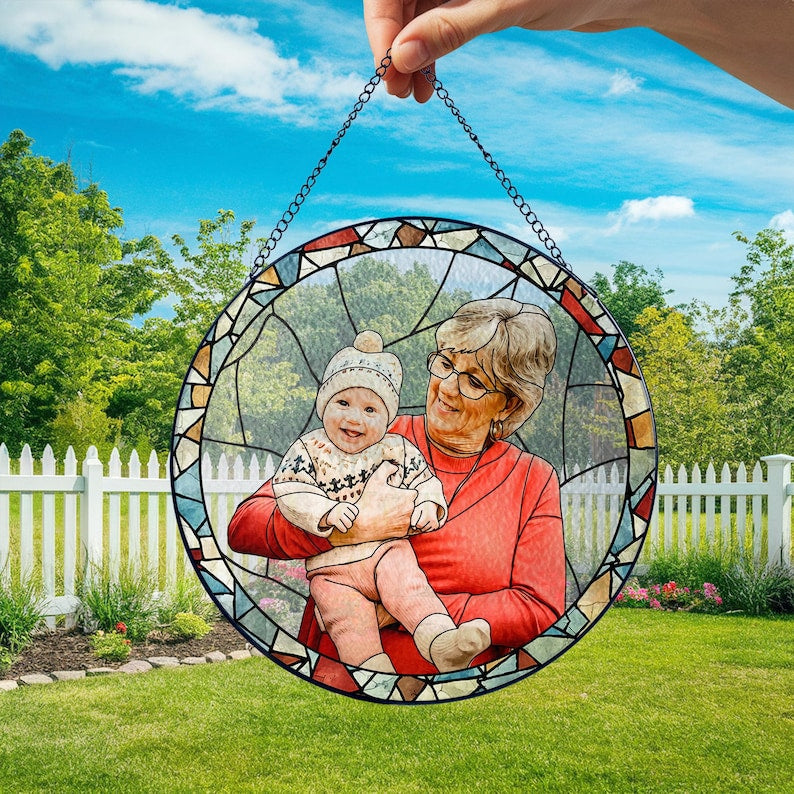 Personalized Grandma Portrait Stained Glass Suncatcher, Photo Glass Art, New Grandma Gift, Mother's Day Gift for Grandma, New Mom Gift