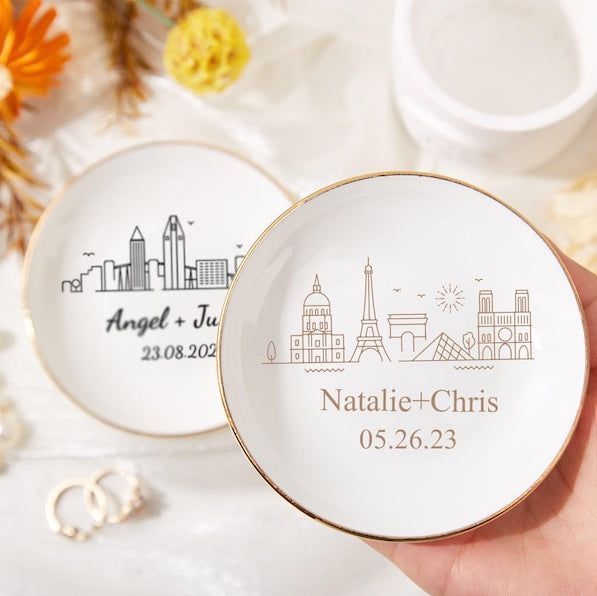 Personalized Skyline Ring Dish,Custom Wedding Jewelry Dish,Engagement Ring Holder,City Trinket Dish,Couple Gift For Her,1st Anniversary Gift
