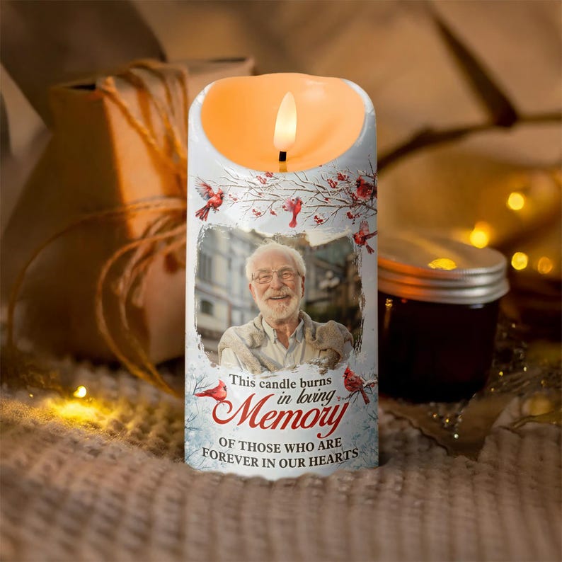 This Candle Burns In Loving Memory - Custom Memorial Photo Candle Light, Personalized Upload Photo Remembrance Candle LED Light