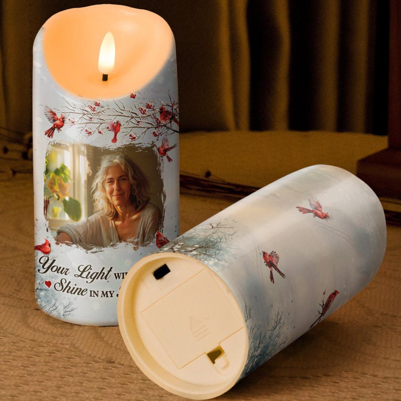 This Candle Burns In Loving Memory - Custom Memorial Photo Candle Light, Personalized Upload Photo Remembrance Candle LED Light