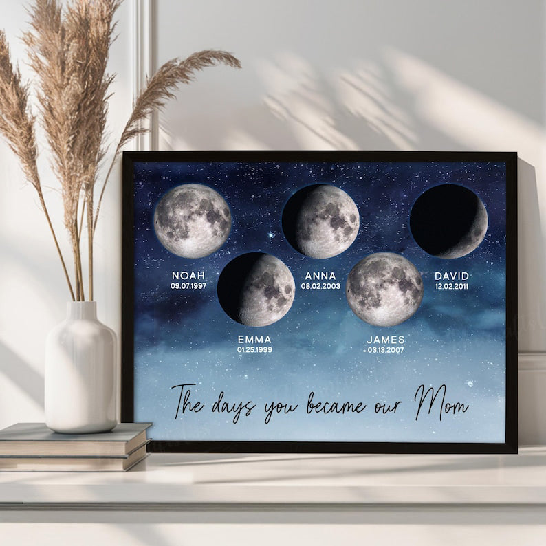 Custom Family Moon Phase Wall Art, Custom Moon By Date Family Gift, Mothers Day Moon Phases Gift, Custom Moon Phase Print, Family Moon Phase