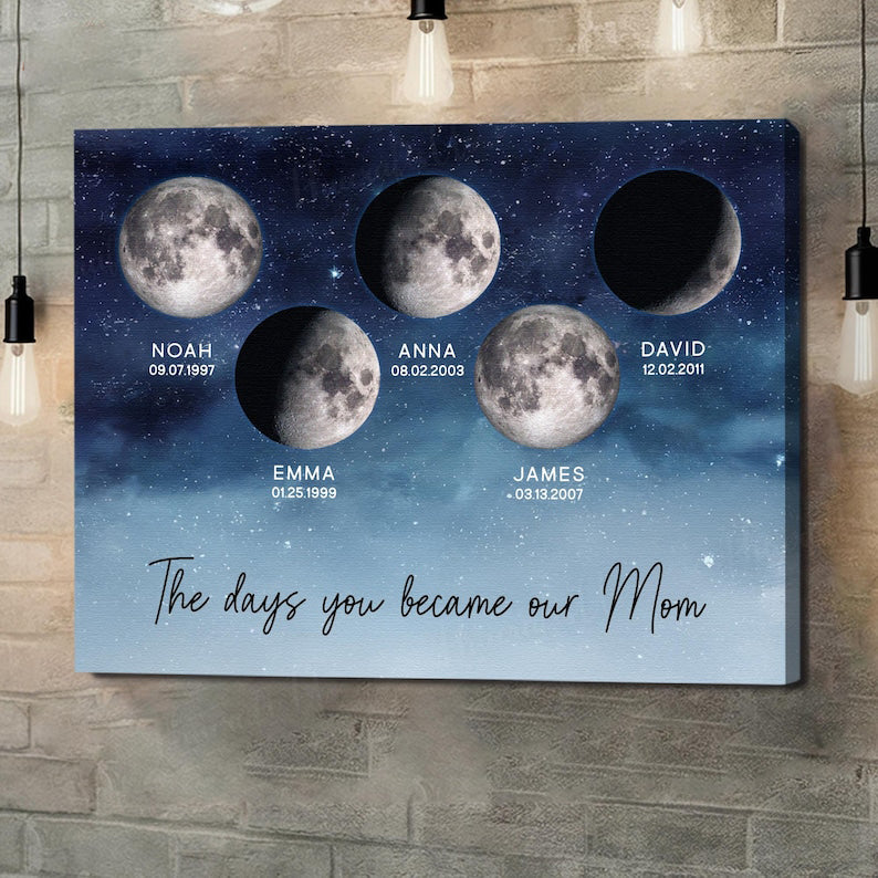 Custom Family Moon Phase Wall Art, Custom Moon By Date Family Gift, Mothers Day Moon Phases Gift, Custom Moon Phase Print, Family Moon Phase
