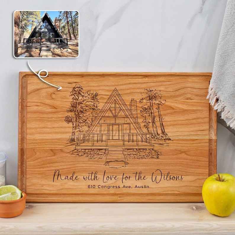 Our New Home Gift Realtor Gifts Custom Engraved Photo on Cutting Board Our First Home Personalized New Home Gift House Portrait Closing Gift