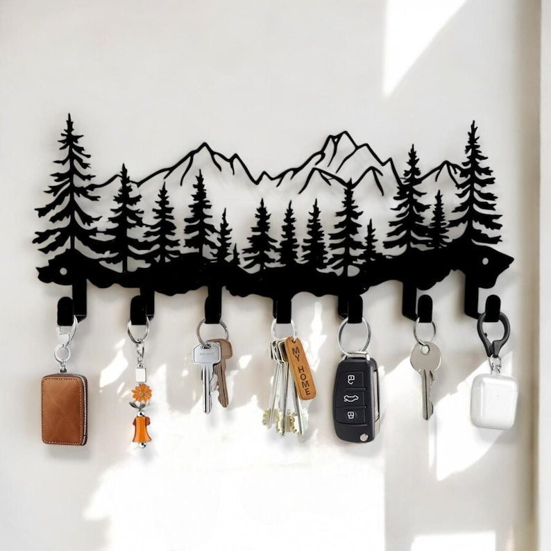 Rustic Mountain Key Holder Wall Hooks Bear Forest Scene Metal Organizer for Entryway, Garage, or Cabin Decor