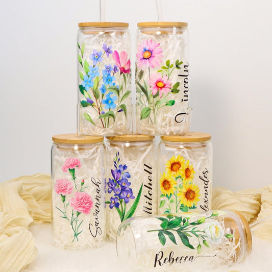 Personalized Birth Flower Tumblers | Custom Glass Coffee cup | Gifts for Her | Mothers Day | Customized gifts for any occasion