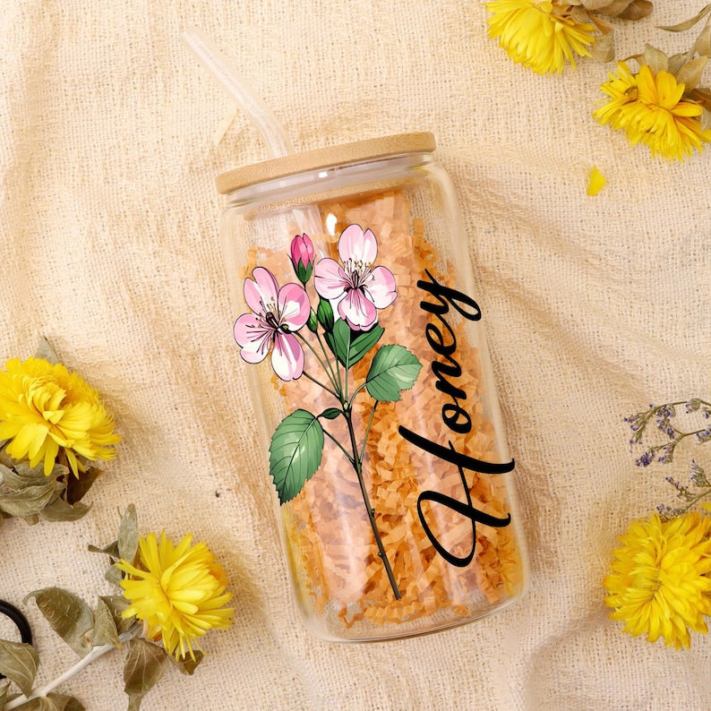 Personalized Birth Flower Tumblers, Names Tumbler Gift for Mother, Custom Birth Flower Gift for Bridesmaid, Glass Coffee Cup, Party Favor