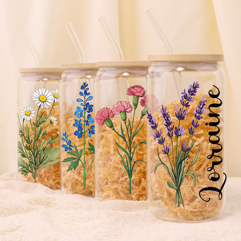 Personalized Birth Flower Tumblers, Names Tumbler Gift for Mother, Custom Birth Flower Gift for Bridesmaid, Glass Coffee Cup, Party Favor