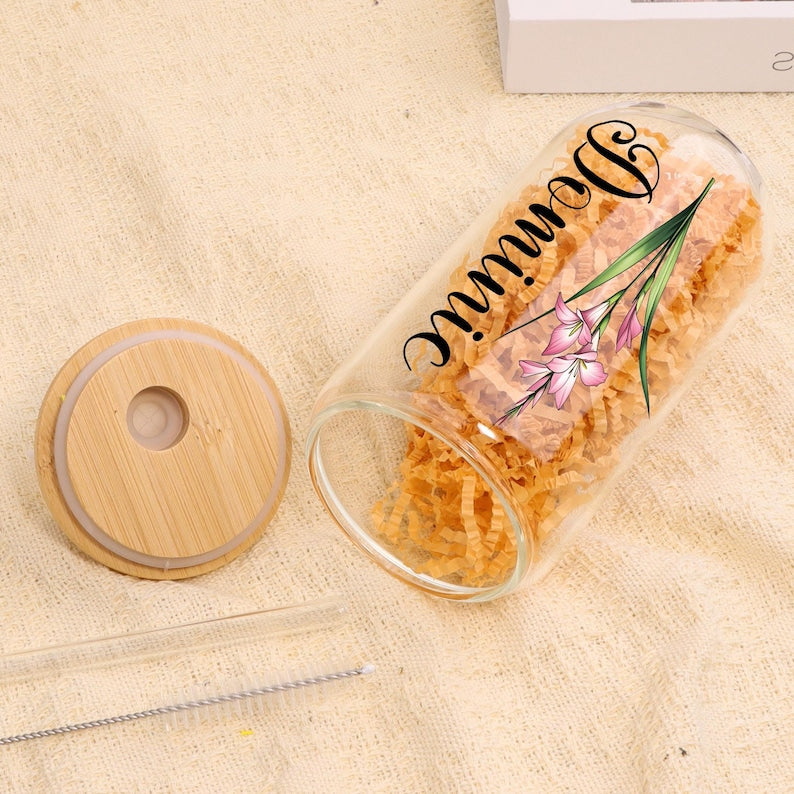 Personalized Birth Flower Tumblers, Names Tumbler Gift for Mother, Custom Birth Flower Gift for Bridesmaid, Glass Coffee Cup, Party Favor