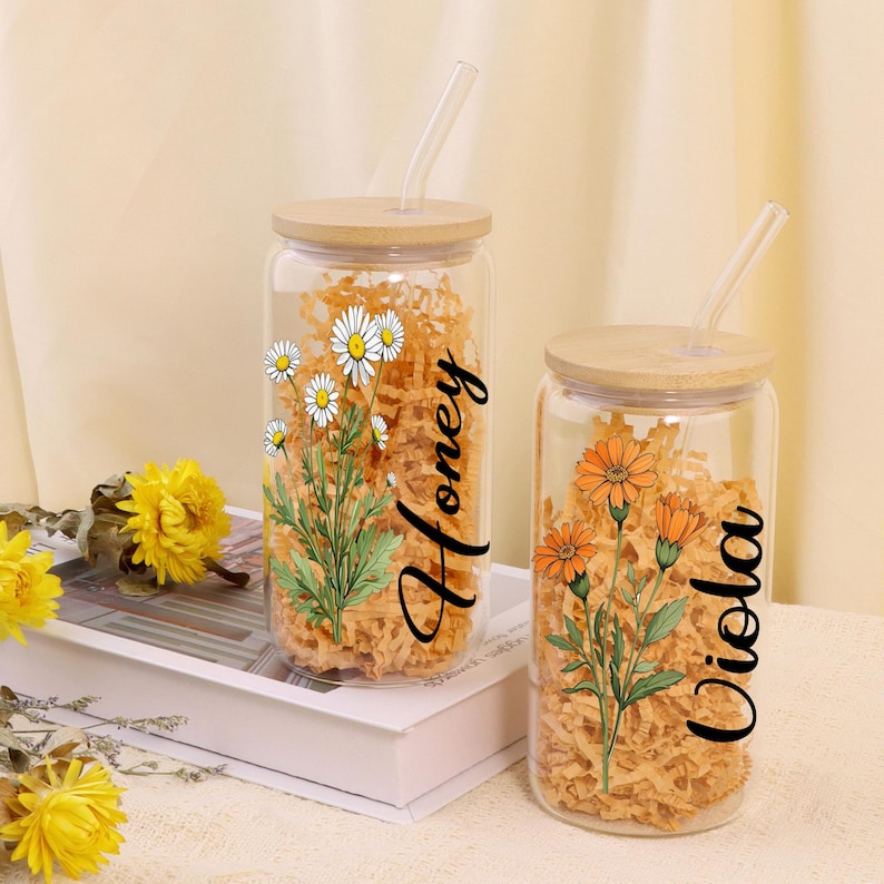 Personalized Birth Flower Tumblers, Names Tumbler Gift for Mother, Custom Birth Flower Gift for Bridesmaid, Glass Coffee Cup, Party Favor
