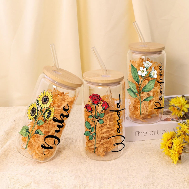 Personalized Birth Flower Tumblers, Names Tumbler Gift for Mother, Custom Birth Flower Gift for Bridesmaid, Glass Coffee Cup, Party Favor