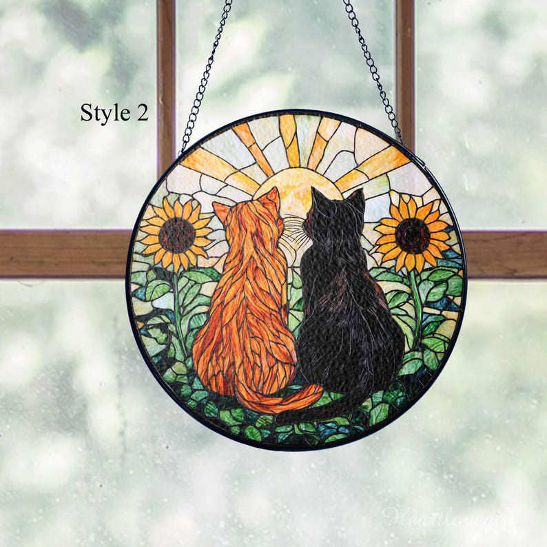 Black Cat and Orange Cat Couple Glass Suncatcher, Cat Couple Suncatcher with Flowers, Cat Window Hanging, Cat Couple Decor/Gift for Cat Moms