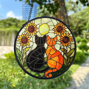 Black Cat and Orange Cat Couple Glass Suncatcher, Cat Couple Suncatcher with Flowers, Cat Window Hanging, Cat Couple Decor/Gift for Cat Moms