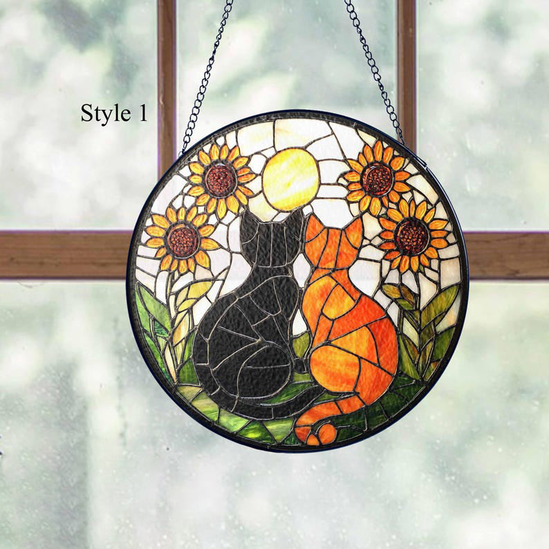 Black Cat and Orange Cat Couple Glass Suncatcher, Cat Couple Suncatcher with Flowers, Cat Window Hanging, Cat Couple Decor/Gift for Cat Moms