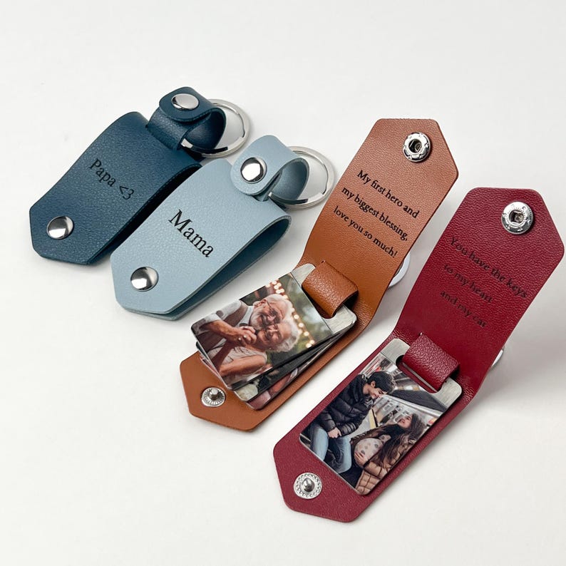 Personalized Mens Leather Keychain with Photo,Metal Tag Photo Keychain,Engraved key chain,Valentines Gifts for Him,Anniversary Gifts for Him