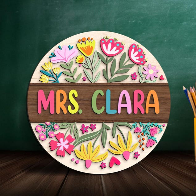 Custom 3D Teacher Door Hanger, Gift For Teacher, Floral Teacher Name Door Hanger, Classroom Decor, Back To School Gift, Teacher Welcome Sign