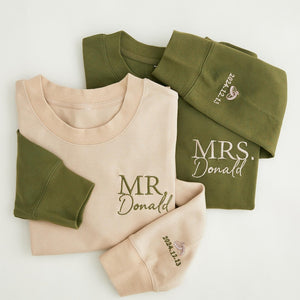 Personalised Mr Mrs Embroidered Sweatshirt - Date on Sleeve, Honeymoon Sweatshirt, Bridal Shower Gift, Couple's Hoodie, Honeymoon Wear