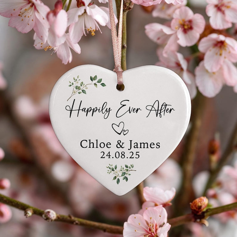 Personalised Wedding Gift Happily Ever After Ceramic Heart | Custom Name Date Keepsake Couple Newly Wed Keepsake Memory Bride Groom Plaque