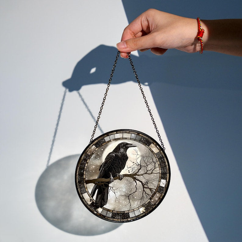 Raven Stained Glass Suncatcher, Gothic Crow Window Hanging, Unique Indoor Home Decor, Halloween Gift, Housewarming Gift Idea for Dark Theme