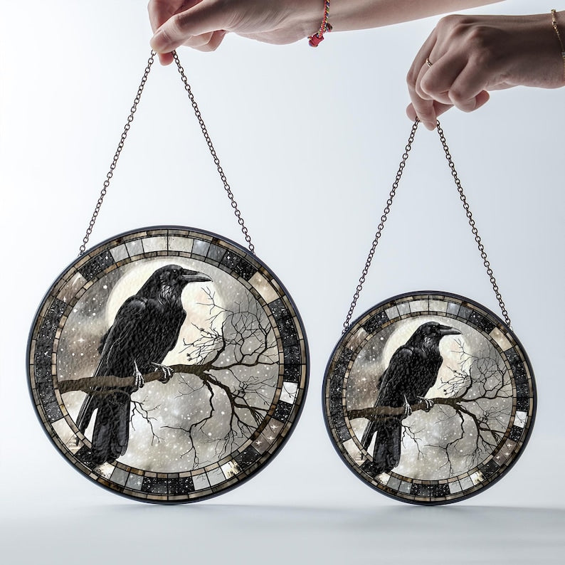 Raven Stained Glass Suncatcher, Gothic Crow Window Hanging, Unique Indoor Home Decor, Halloween Gift, Housewarming Gift Idea for Dark Theme