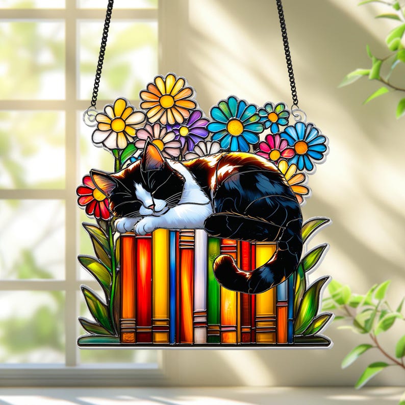Cat Book flower Acrylic Suncatcher Window Hanging, Book Window Decor, Book Lover Gifts, Book Ornament, teacher gift, Librarian Gifts