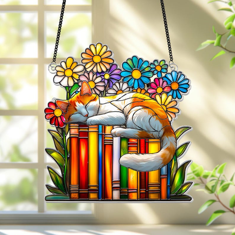 Cat Book flower Acrylic Suncatcher Window Hanging, Book Window Decor, Book Lover Gifts, Book Ornament, teacher gift, Librarian Gifts