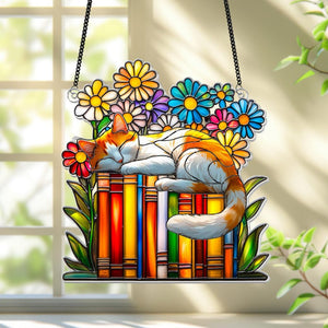 Cat Book flower Acrylic Suncatcher Window Hanging, Book Window Decor, Book Lover Gifts, Book Ornament, teacher gift, Librarian Gifts
