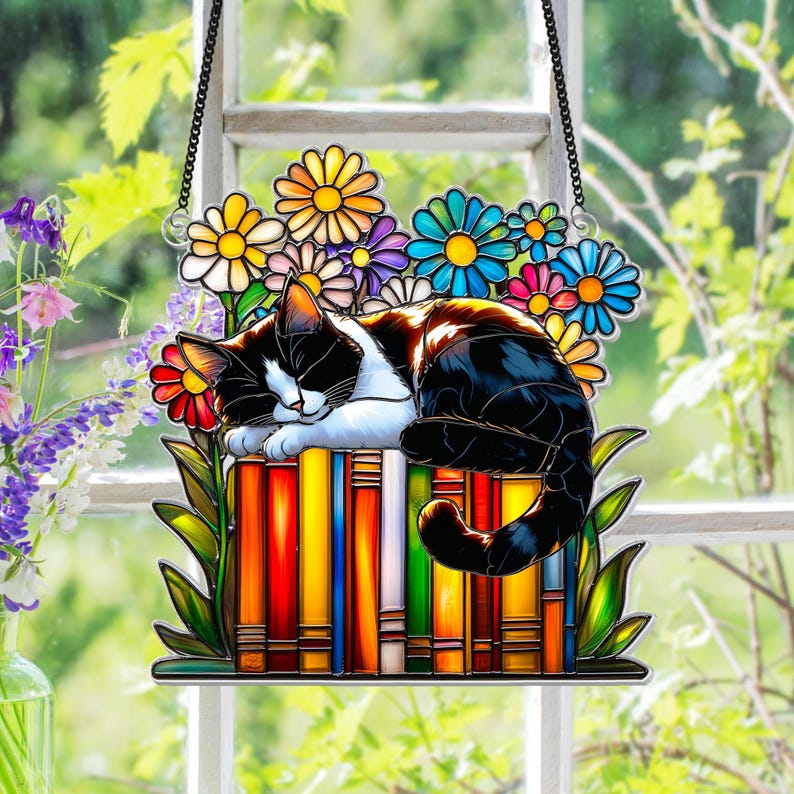 Cat Book flower Acrylic Suncatcher Window Hanging, Book Window Decor, Book Lover Gifts, Book Ornament, teacher gift, Librarian Gifts